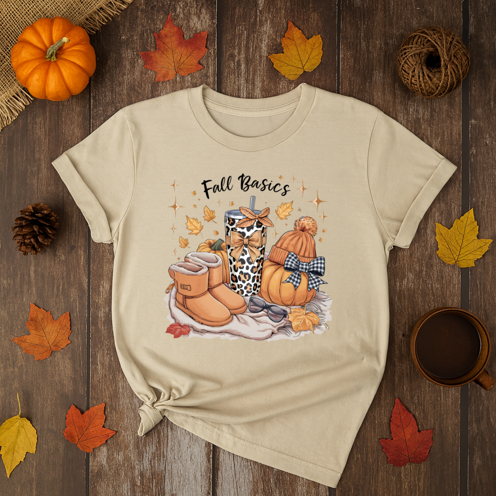 Beige t-shirt with 'Fall Basics' design featuring pumpkins and boots on a wooden surface with autumn leaves and a pumpkin.