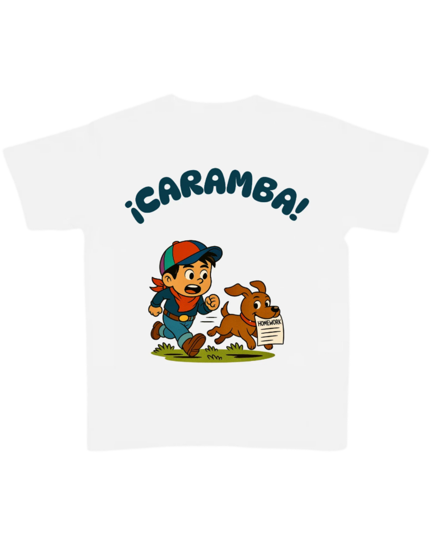 White t-shirt with a cartoon character and dog, featuring the text '¡Caramba!' on a white background.