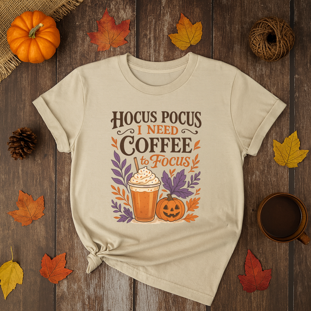 Beige Halloween t-shirt with “Hocus Pocus I Need Coffee to Focus” design featuring a pumpkin spice latte, jack-o’-lantern, and fall leaves – cozy autumn coffee lover tee.