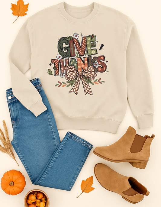 Give Thanks Floral Bow Tee and Sweatshirt