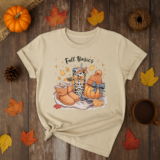 Beige t-shirt with 'Fall Basics' design featuring pumpkins and boots on a wooden surface with autumn leaves and a pumpkin.