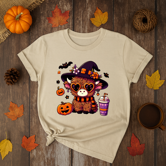 Beige t-shirt with a Halloween-themed design featuring a cow in a witch hat on a wooden surface with autumn decorations.