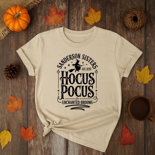 Sanderson Sisters Hocus Pocus Enchanted Brooms graphic T-shirt, Halloween witch design.
