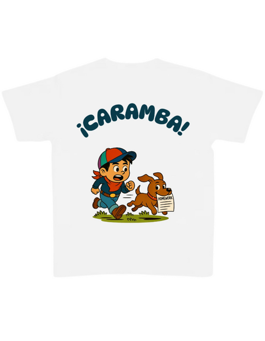 White t-shirt with a cartoon character and dog, featuring the text '¡Caramba!' on a white background.