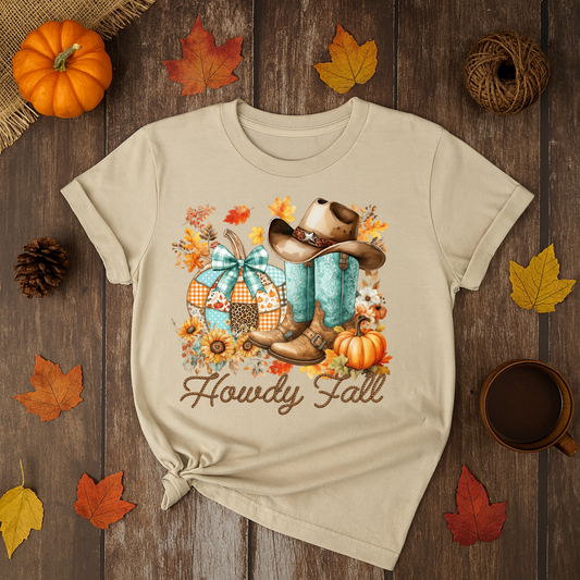 Beige t-shirt with 'Howdy Fall' design featuring boots, pumpkins, and leaves on a wooden background.