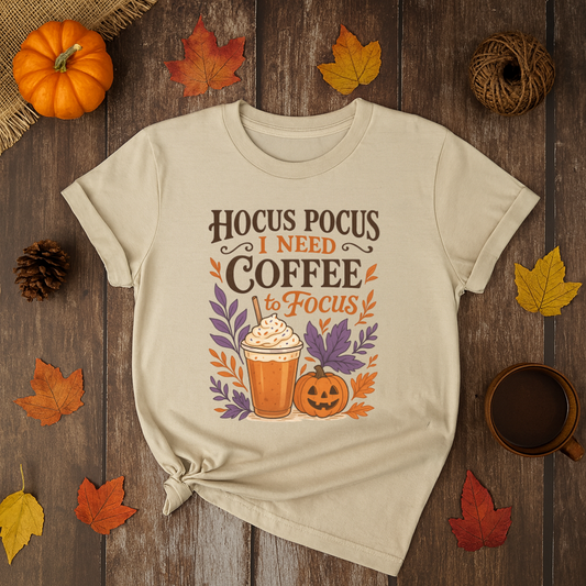 Beige Halloween t-shirt with “Hocus Pocus I Need Coffee to Focus” design featuring a pumpkin spice latte, jack-o’-lantern, and fall leaves – cozy autumn coffee lover tee.