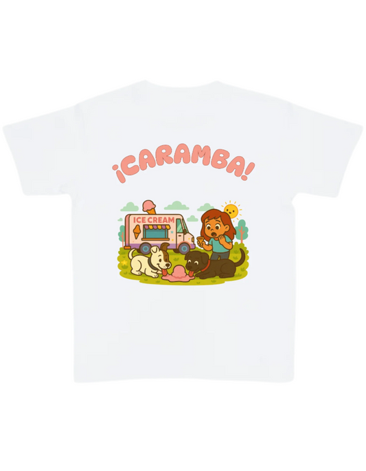 White t-shirt with cartoon design and '¡Caramba!' text on a white background