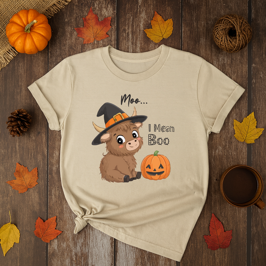 Beige t-shirt with a cartoon cow wearing a witch hat and pumpkin, surrounded by autumn leaves and pumpkins on a wooden surface.