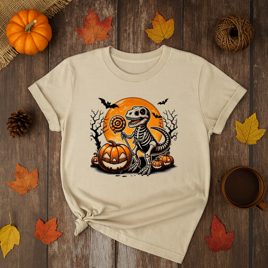 Beige t-shirt with a Halloween-themed skeleton dinosaur design on a wooden surface with autumn leaves and pumpkins.