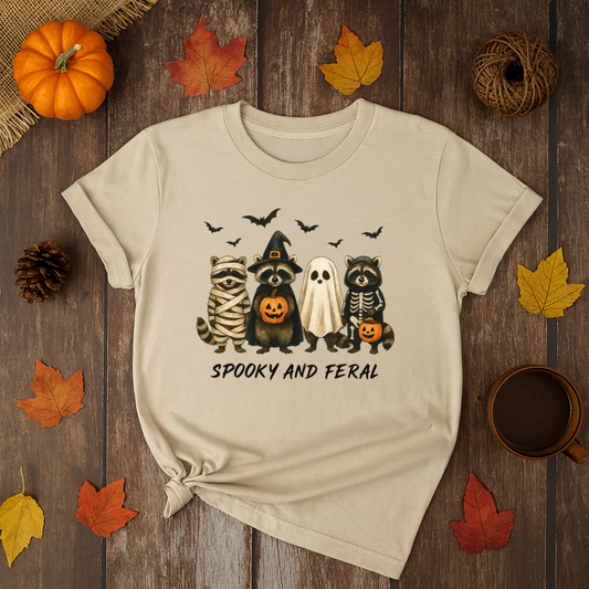 Beige t-shirt with Halloween-themed design of raccoons in costumes on a wooden surface with autumn leaves and a pumpkin.