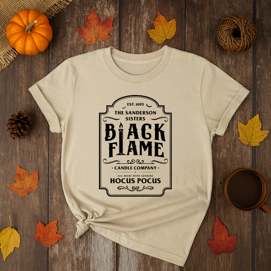 Sanderson Sisters Black Flame Candle Co. graphic T-shirt, Hocus Pocus inspired.