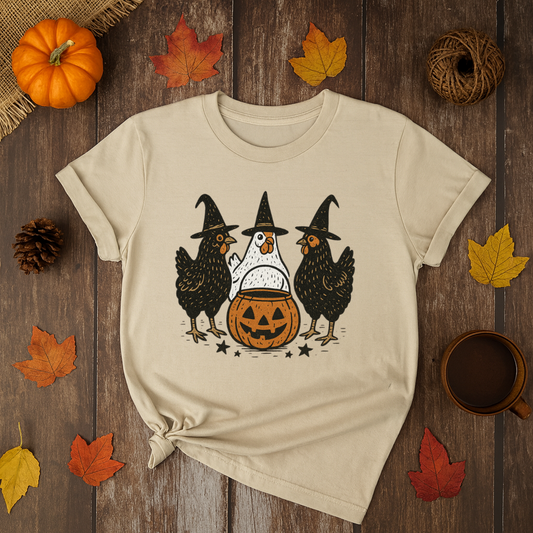 Beige Halloween t-shirt with three chickens in witch hats standing around a jack-o’-lantern cauldron.