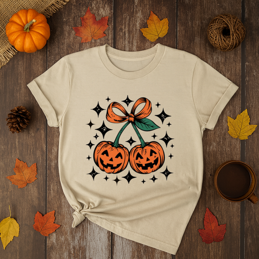 Beige Halloween t-shirt with jack-o’-lantern cherry design tied with bow and surrounded by black star accents.
