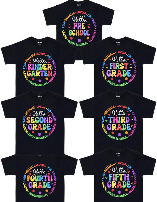 Hello School Grade Level Tees - Preschool to Fifth Grade